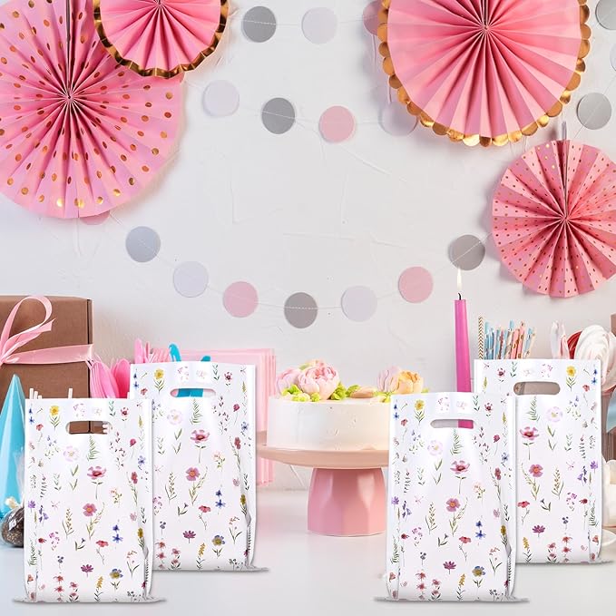 HJZHII 50 Pcs Party Favor Bags, Floral Bags Gift Bag Wildflower Print Treat Bag Multicolor Flowers with Handle for Wedding Candy Birthday Baby Bridal Shower Party Decorations Supplies