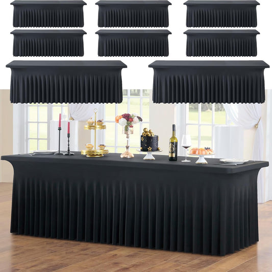 8pack Black Spandex Tablecloths for 6ft Rectangle Tables, Wrinkle Free Classy Table Skirt Stretchy 6 Foot Fitted Table Cloths Covers for Weddings Birthday Halloween Party Events Banquet
