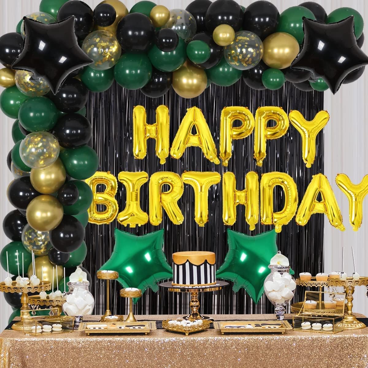 Black Gold Green Balloons for Graduation Party Decorations 60PCS 12INCH Dark Green Metallic Chrome Gold Confetti Balloon Green Gold Black Helium Latex Balloons Jungle Tropical Wild Theme Birthday