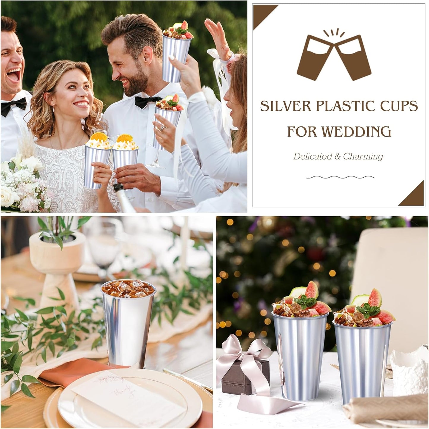 KesaPlan 50PCS Silver Plastic Cups, 16oz Disposable Plastic Tumblers for Party, Fancy Mirorred Silver Cups Bulk for Hot Cold Drinks, Disposable Drinking Glasses for Wedding Birthday Holiday Events