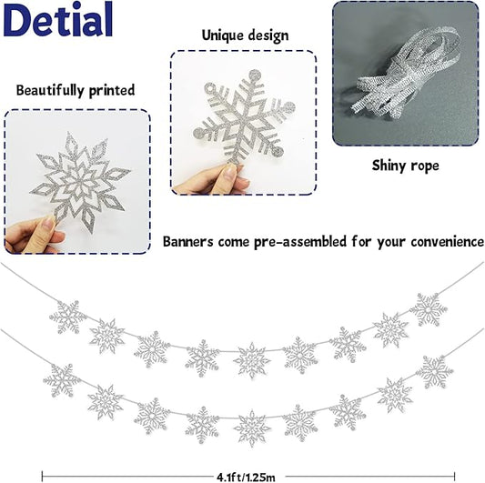 2 Pcs Silver Glitter Snowflake Banner，Snowflake Winter Party Decorations， Snowflake Garland Christmas Party Decorations (Silver)