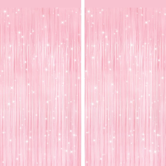 2 Pack Pastel Pink Metallic Tinsel Foil Fringe Curtains, Door Streamers Photo Booth Backdrop for Birthday Party, Tinsel Curtain Backdrop for Baby Shower Bachelorette Christmas Party Decorations