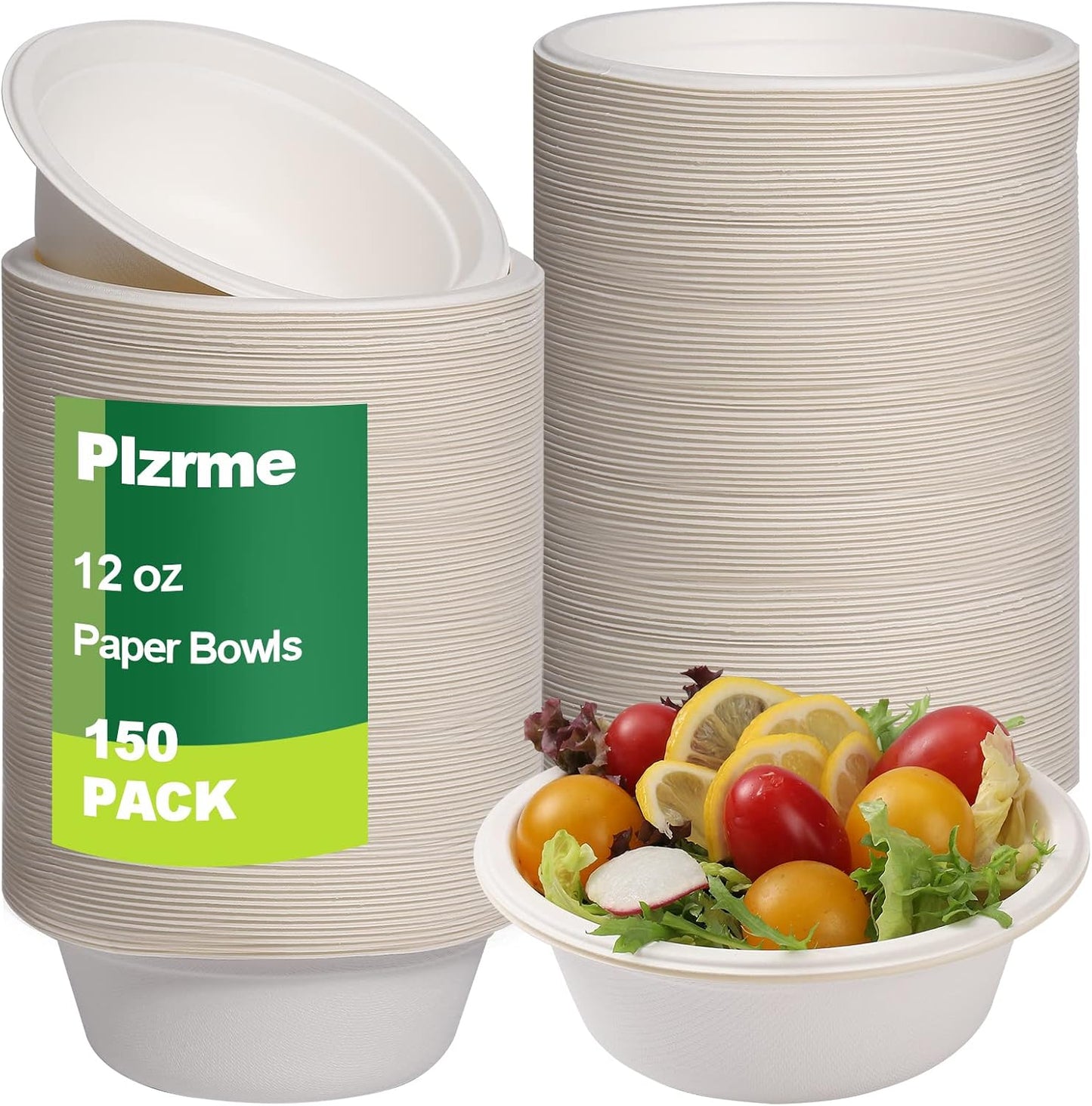 150 PCS Eco-Friendly Sugarcane Bowls - 12 oz Heavy-Duty Disposable Paper Bowls - 100% Compostable and Biodegradable for Hot or Cold Food, Snacks, Salads, Soup