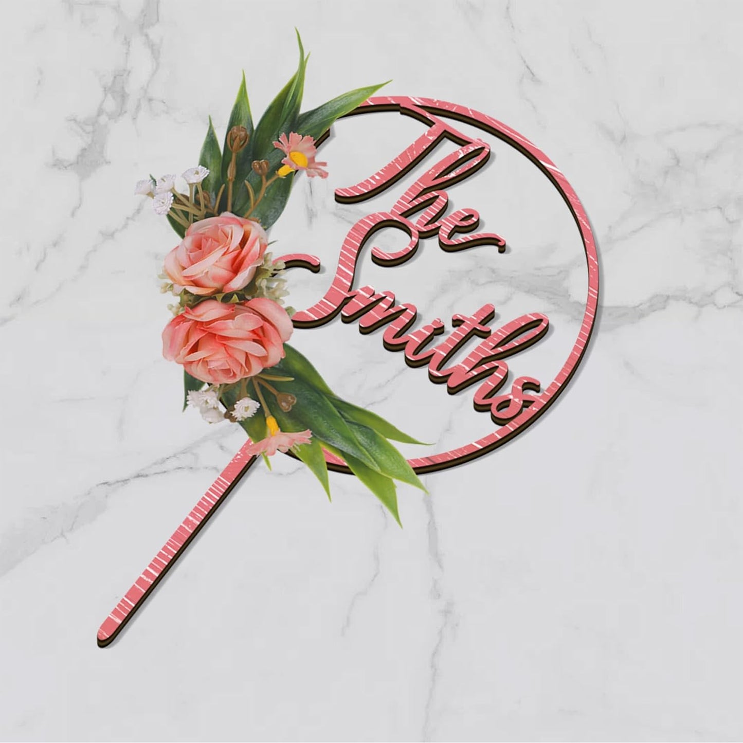 3D Flowers Wedding Cake Topper Custom Last Name Wedding Cake Decoration in Wood with 3D Artificial Roses (Pink)