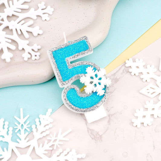 Frozen Themed Birthday Candles Party Decorations, Blue and Silver Number 5 Birthday Candle, Happy Birthday Candle for Cake, Snowflake Cake Topper Decoration for 5th 5 Year Old Party Favor Supplies