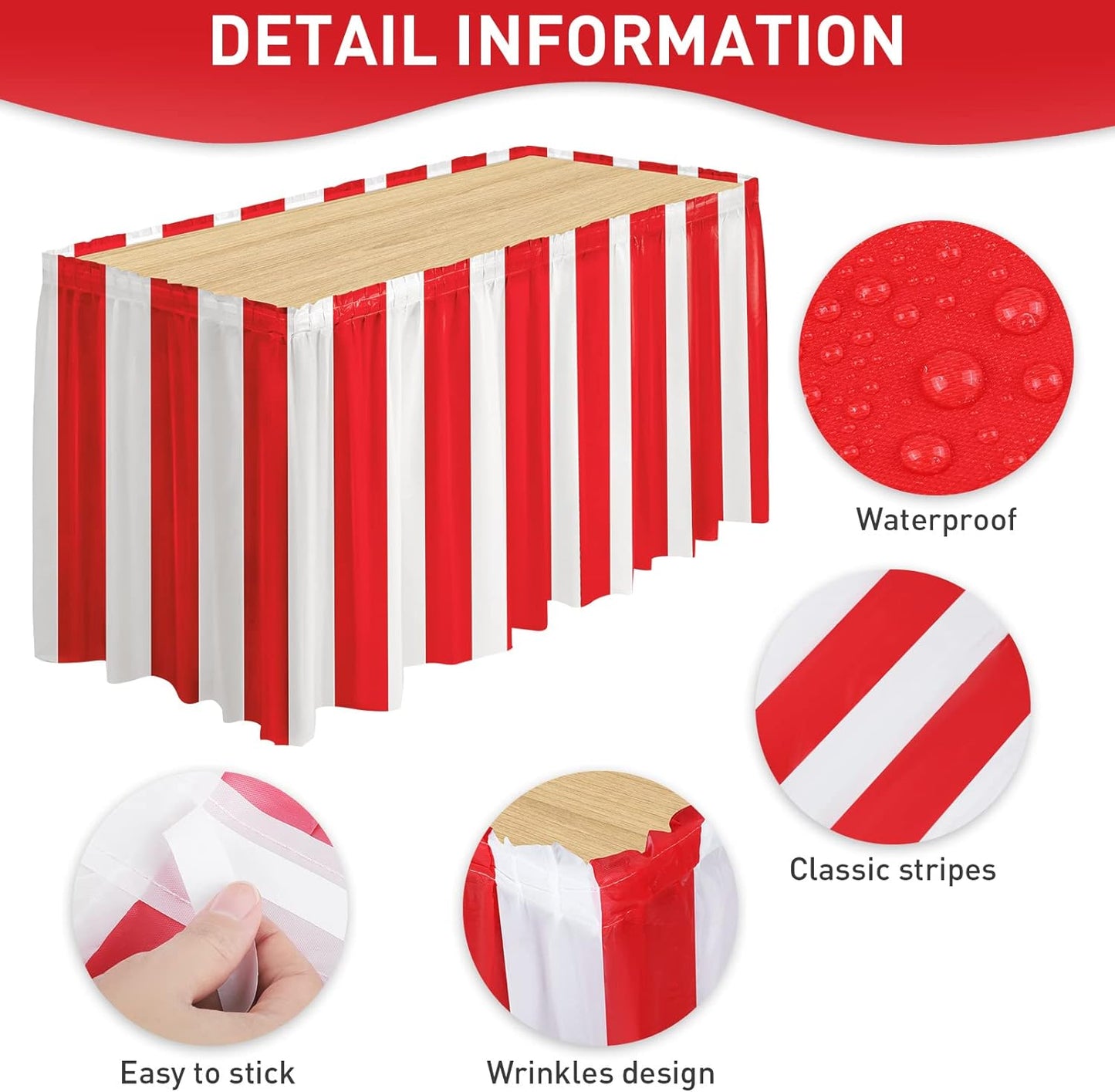 durony 4 Packs Red and White Striped Table Skirt Circus Theme Party Supplies Carnival Table Skirt for Carnival Home Party Decoration, 165 x 30 Inches