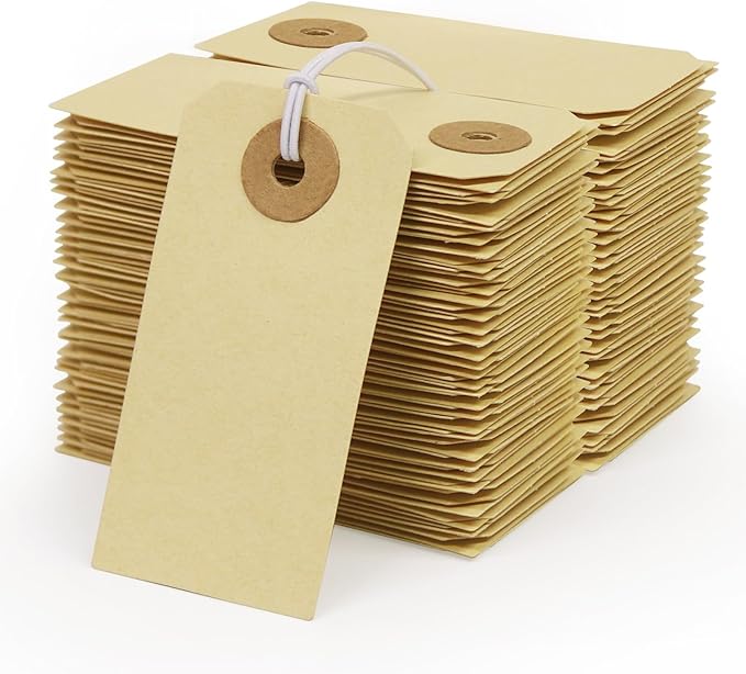 Manila Paper Tags with Elastic String - Coideal 200 Pcs Small Hang Price Tags Attached Reinforced Hole, Blank Marking Shipping Tags Label for Hanging Gift Clothing Jewelry (2 3/4" x 1 3/8")