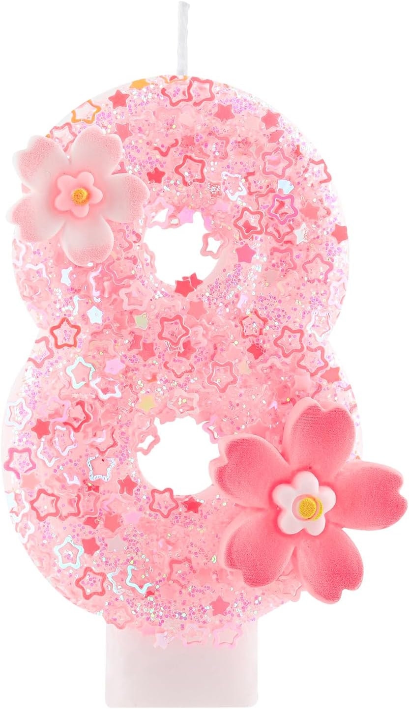 Cherry Blossom Pink Number 8 Birthday Candle, 2.8in Cute Shiny Happy 8th Birthday Candle with Tray & Stick Girls 8 Candle for 8 Birthday Ideal Birthday Parties Cake Decoration & Gifts