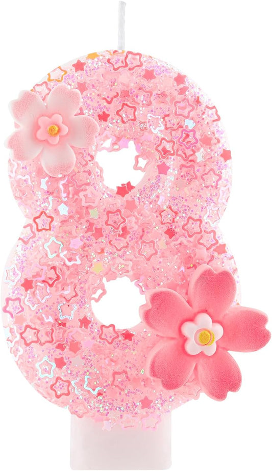 Cherry Blossom Pink Number 8 Birthday Candle, 2.8in Cute Shiny Happy 8th Birthday Candle with Tray & Stick Girls 8 Candle for 8 Birthday Ideal Birthday Parties Cake Decoration & Gifts