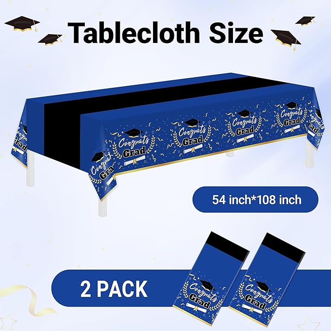 Childom 2 Pack Graduation Tablecloth,Graduation Decorations Class of 2026 Graduation Party Decorations,54"x108" Blue and Gold Plastic Table Cloth Disposable Rectangle for Home,School,Party Supplies