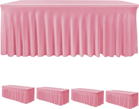 HolidayIdeas Spandex Table Skirts for Rectangle Tables 6 Ft, Fitted Stretch Table Cover 30x72 Inch, Wrinkle-Free Ruffle Design Tablecloths for Banquets,Trade Shows, Parties, Events, 4 Pack, Pink