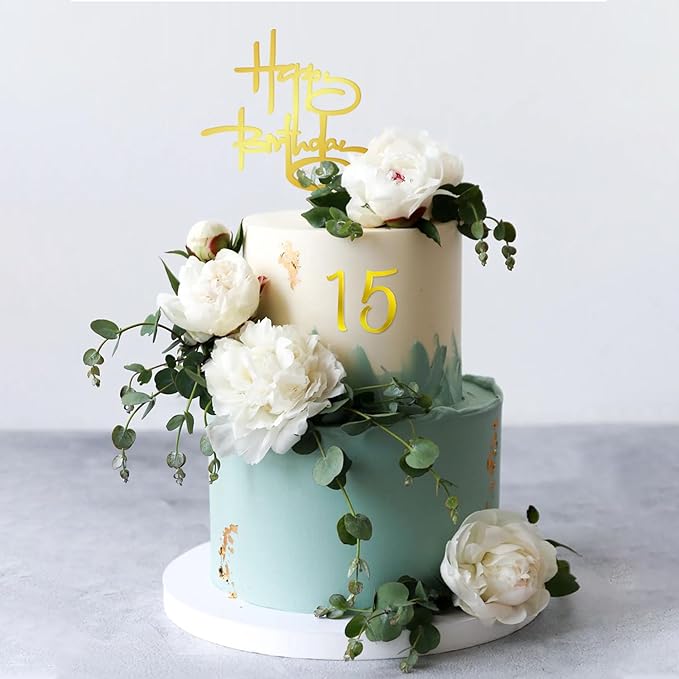 50 PCS Gold Happy Birthday Cake Topper Acrylic Cupcake Topper Pick for Birthday Cake Desserts Decorations (Gold)