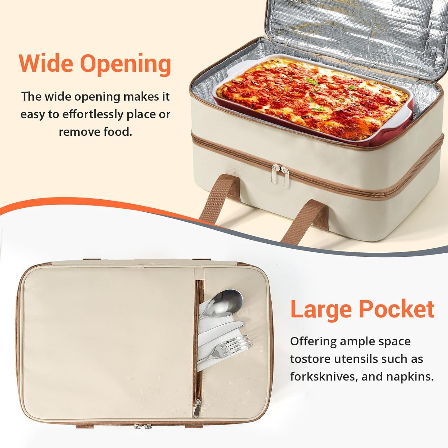 Double Insulated Casserole Carrier for Hot or Cold Food,Pie Carrier Bag Lunch Tote for Potluck Parties/Picnic/Cookouts, Fits 9"x13" Baking Dish, Beige
