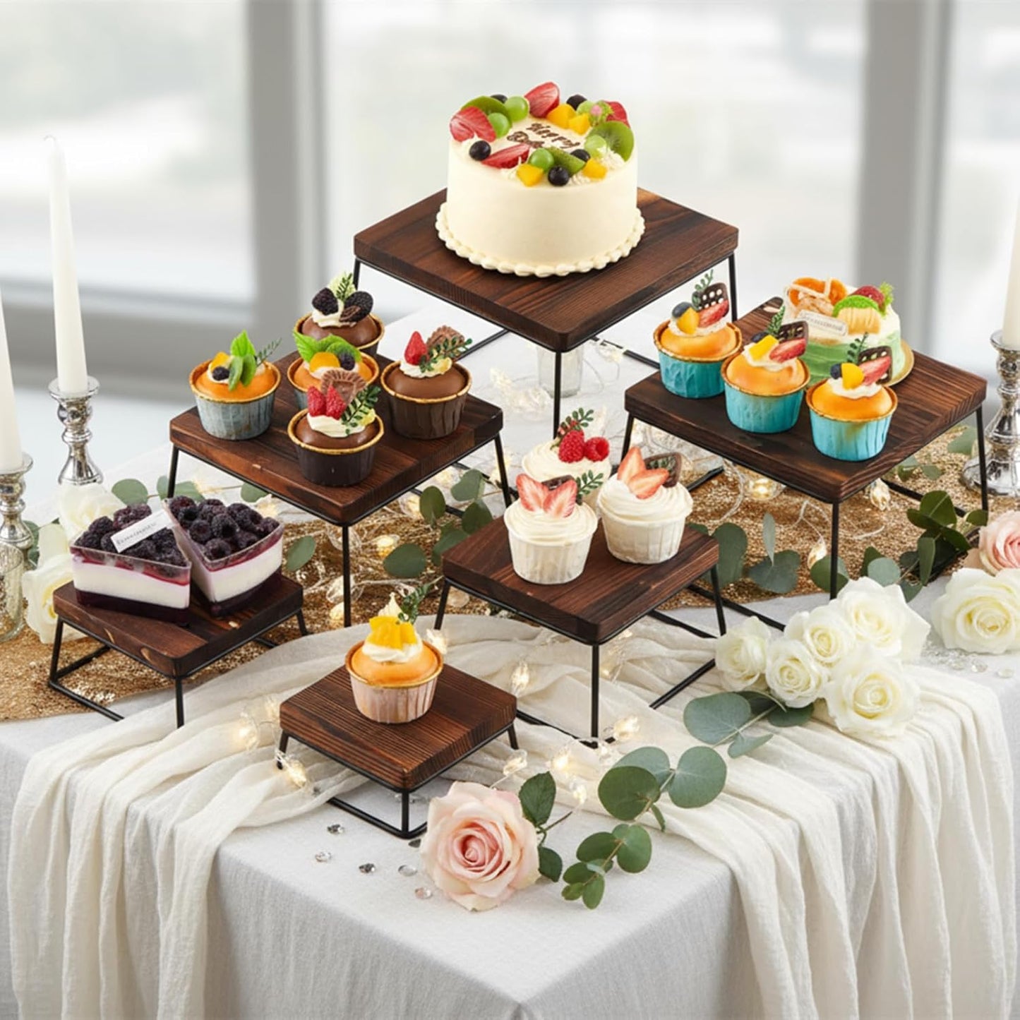 Weysat Set of 6 Dessert Tabletop Display Wood Dessert Display Stands for Cup Cake or Food, Buffet Table Tiered Stand Jewelry Figures Show Rustic Brown
