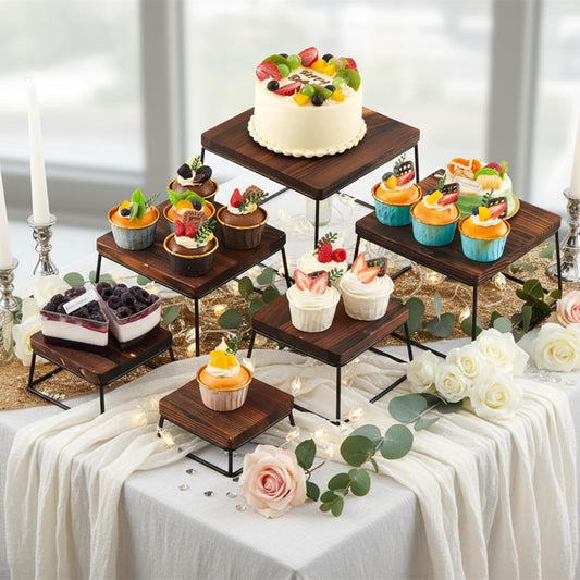 Weysat Set of 6 Dessert Tabletop Display Wood Dessert Display Stands for Cup Cake or Food, Buffet Table Tiered Stand Jewelry Figures Show Rustic Brown
