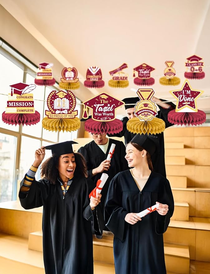 Graduation Table Decorations 2026, Maroon Gold Graduation Centerpieces for Tables, 9Pcs Honeycomb Centerpieces, 3D Congrats Grad Table Toppers for Grad Party Decorations, Class of 2026 Decor