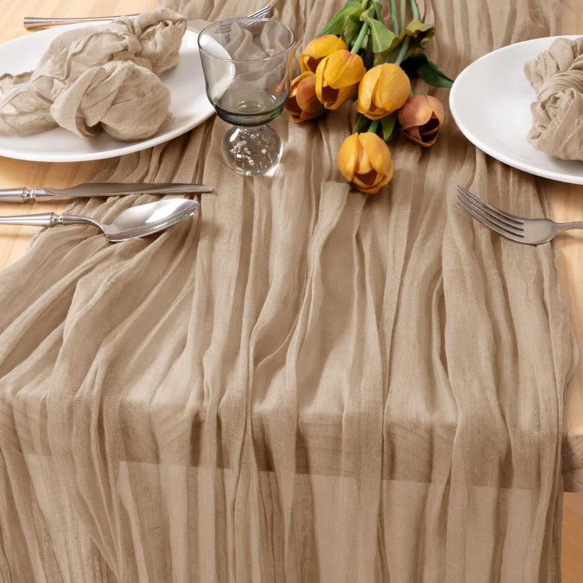 MLMC 12 Pack Nude Cheesecloth Table Runner 10ft Boho Rustic Gauze Taupe Cheese Cloth Table Runner Neutral Fall Decor 35x120 Inches for Reception Wedding Bridal Shower Party Decor