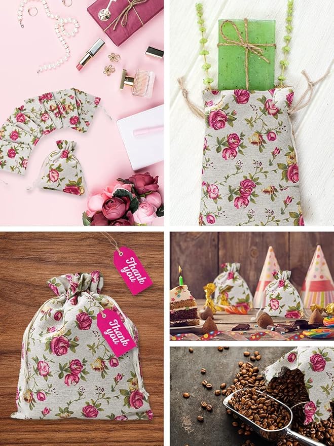 Mandala Crafts 8X10 Inch Rose Burlap Drawstring Gift Bags for Favors - 20 Large Floral Linen Sacks Gift Pouches for Candy, Coffee, Jewelry, Wedding, and Party Supplies