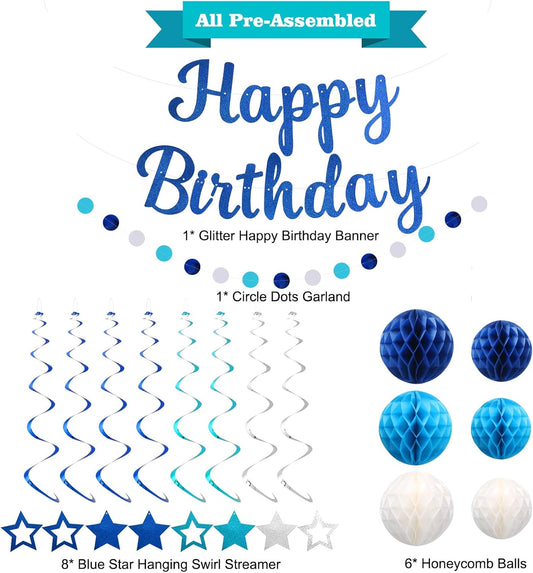 Birthday Decorations, NO DIY, Pre-Strung Happy Birthday Banner with Honeycomb Balls, Hanging Swirls, Circle Dots Garland, Party Decorations for Women Men Boys Girls (Blue)