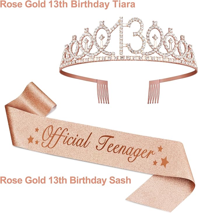13th Birthday Decorations for Girls with Rose Gold Sash, Tiara,Numbers Candles, Sincere 13th Birthday Gifts for Girls