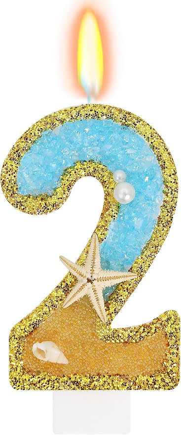 ElekFX Ocean Number 2 Candle, Glitter Gold Beach Starfish Cake Topper, Tropical Ocean Princess Birthday Decorations for Party Supplies Wedding Anniversaries