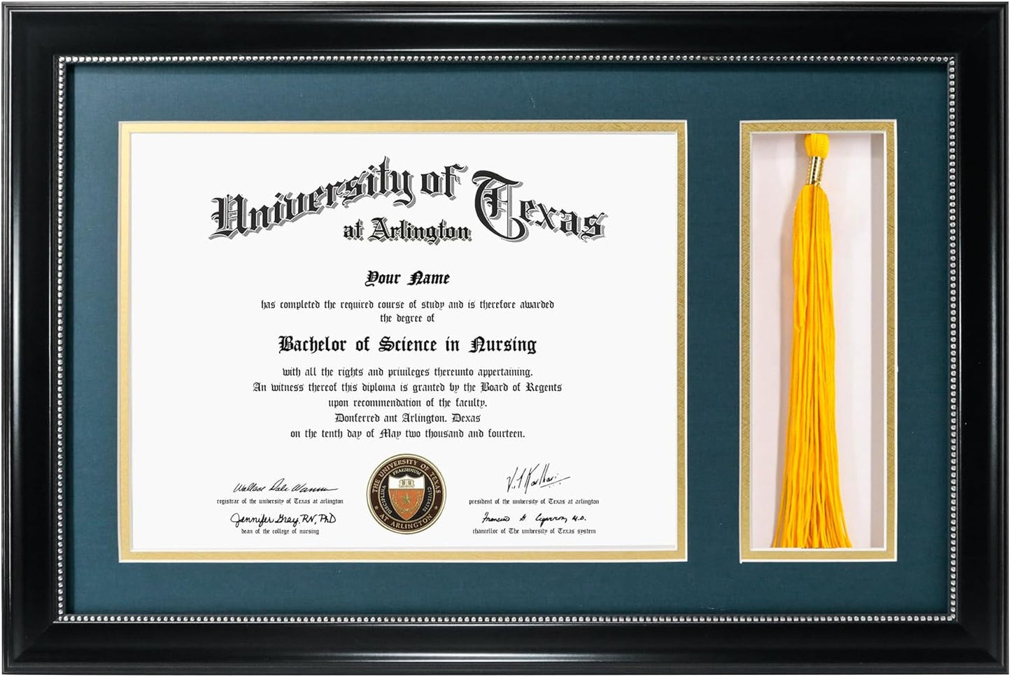 GraduationMall 11x17 Black Diploma Frame with Tassel Holder for 8.5x11 Certificate Document,Real Glass, Navy over Gold Mat