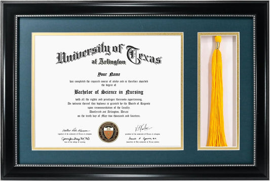 GraduationMall 11x17 Black Diploma Frame with Tassel Holder for 8.5x11 Certificate Document,Real Glass, Navy over Gold Mat