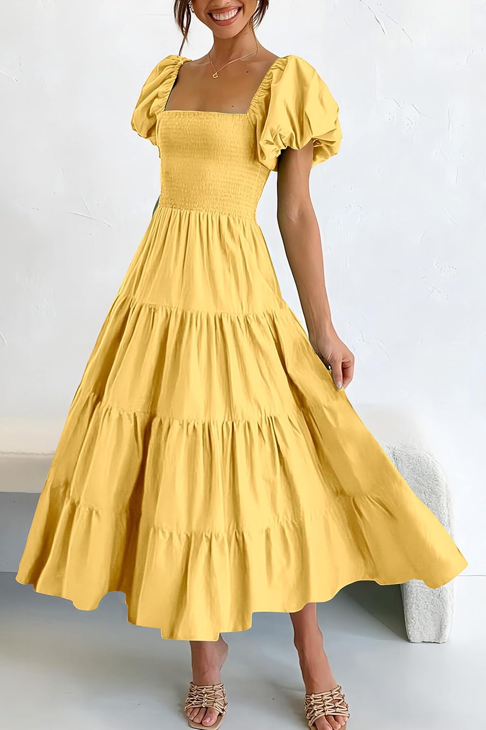 PRETTYGARDEN Women's Casual Summer Midi Dress Puffy Short Sleeve Square Neck Smocked Tiered Ruffle Dresses