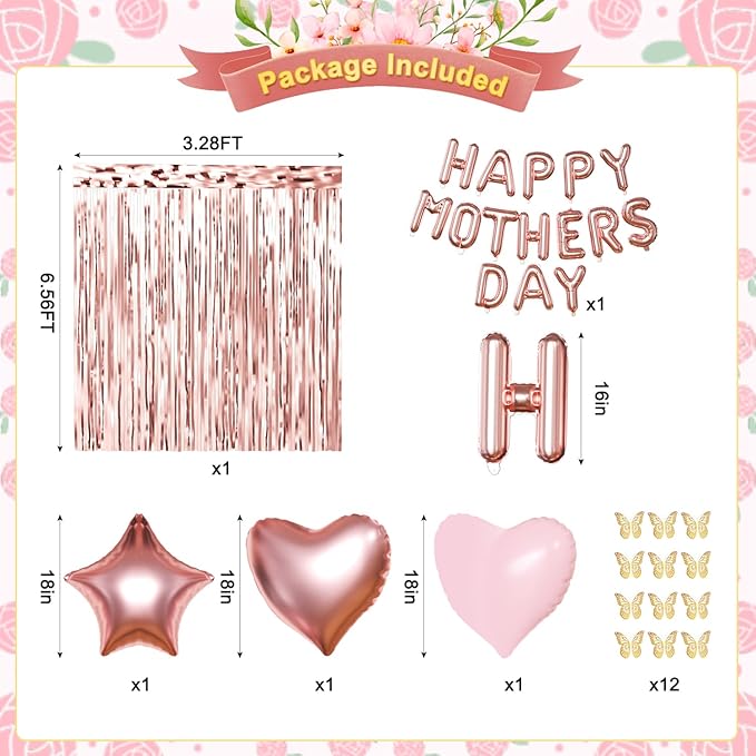 Happy Mother's Day Decorations, Rose Gold Pink Peach White Gold Foil Confetti Balloons Gold Butterfly Fringe Curtains for Mother's Day Party Decorations