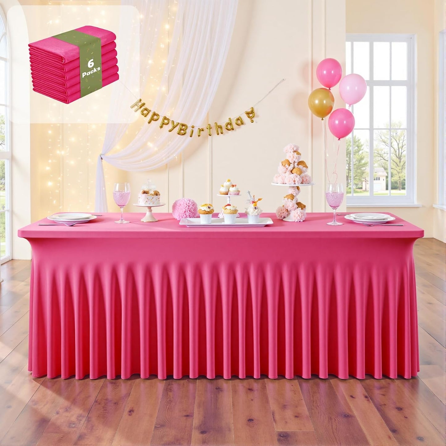 leegleri 6 Pack Hot Pink Spandex Table Clothes for 6 Foot Rectangle Tables, Wrinkle Free Fitted Table Cloth 6ft Stretch Tablecloths for Parties Weddings Birthday Banquet Baby Shower