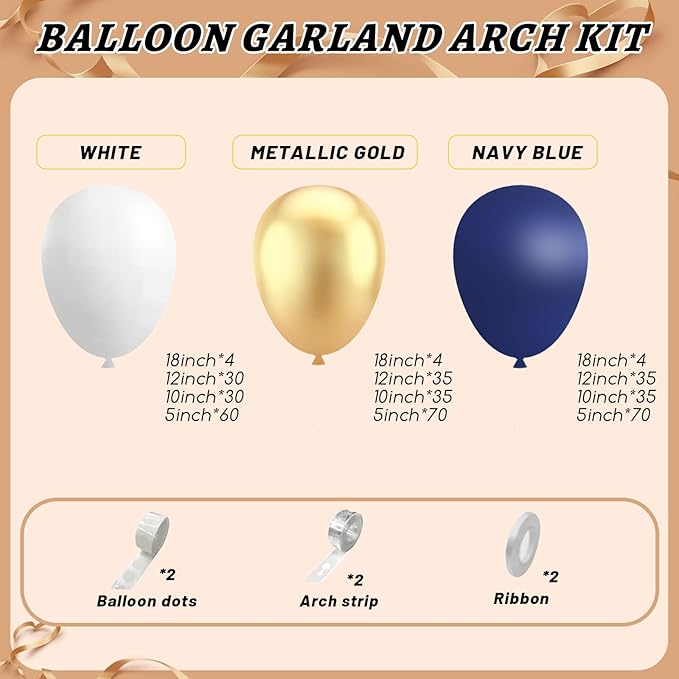 412Pcs Navy Blue and Gold Balloons Arch Garland Kit,5 10 12 18 inch gold and blue balloons for Birthday, Wedding, Graduation, Anniversary Decorations