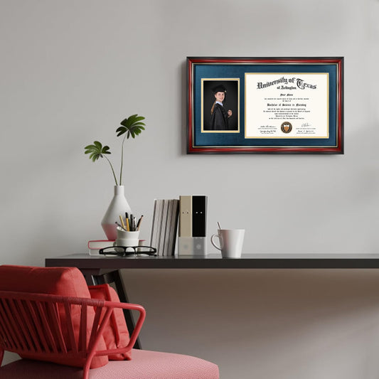 GraduationMall 11x19 Cherry Diploma and Photo Frame for 8.5x11 Certificate,5x7 Picture,Tempered Glass,Navy Blue over Gold Double Mat