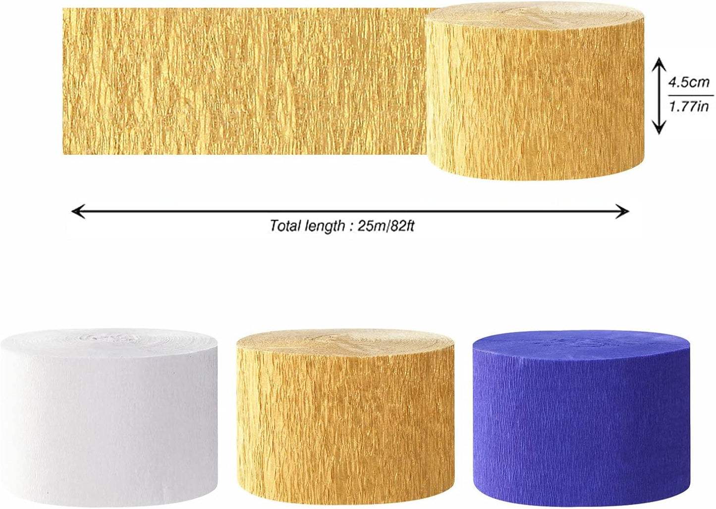 Navy-Blue White-Gold Crepe Paper Streamers - 9 Rolls Royal Blue Graduation 2025 Men Boy Birthday Party Decorations Streamer Wedding Bridal Shower Paper Garland Fathers Day Decor Panduola