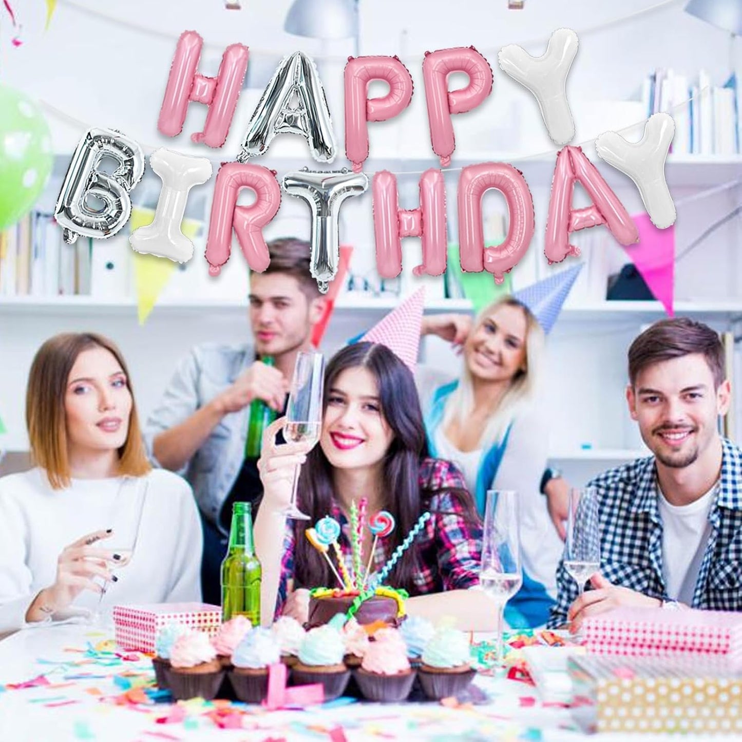 TONIFUL Happy Birthday Balloons Banner 16 Inch Mylar Foil Letters Birthday Sign Reusable for Girls Boys Kids & Adults Birthday Party Decorations Supplies（Pink Silver White）
