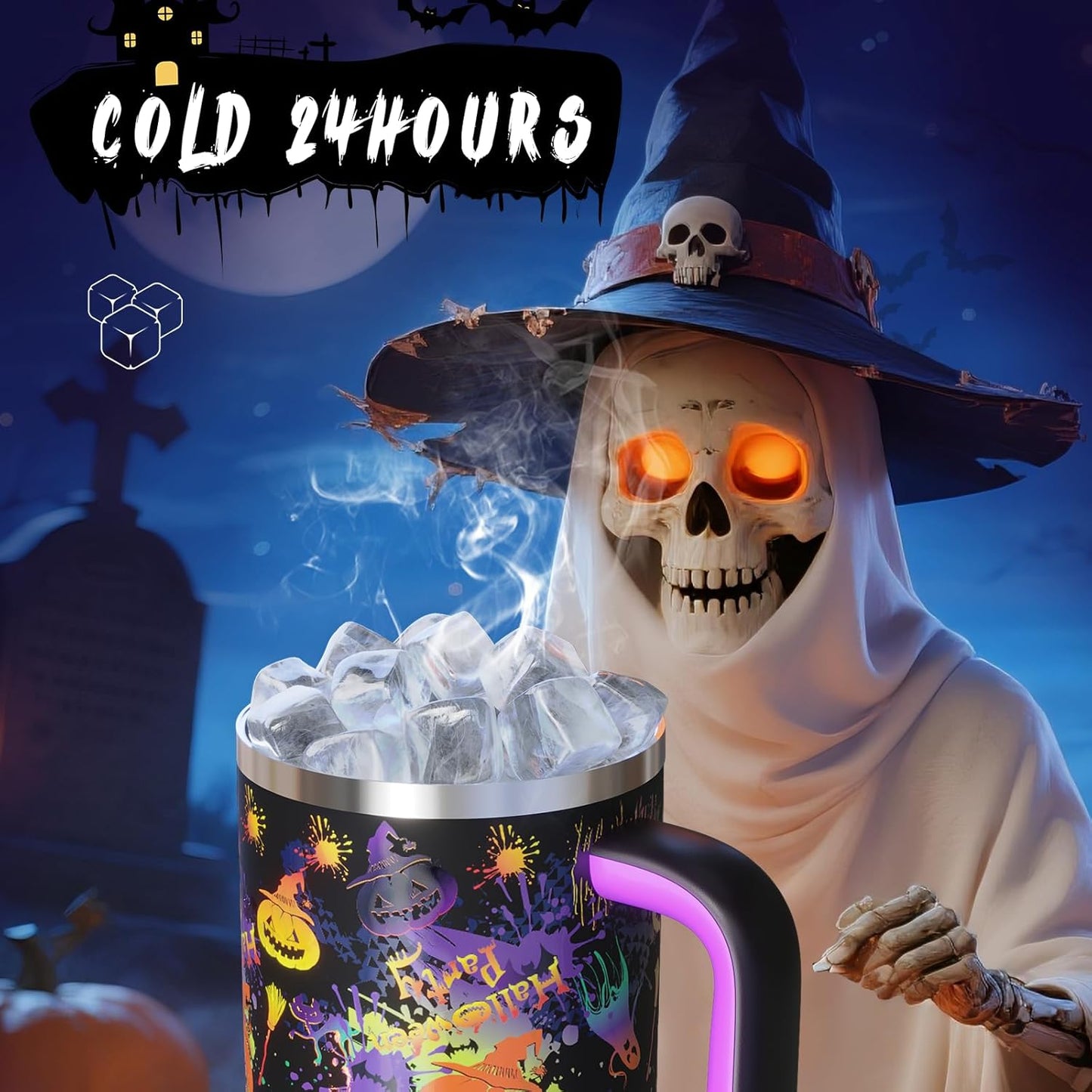 40oz Halloween Tumbler with Handle and Straw, Stainless Steel Insulated Water Bottle with Straw, Leak-Proof, Cup Holder Friendly, Keeps Cold 24 H, Gifts for Women Men, Ghost Party