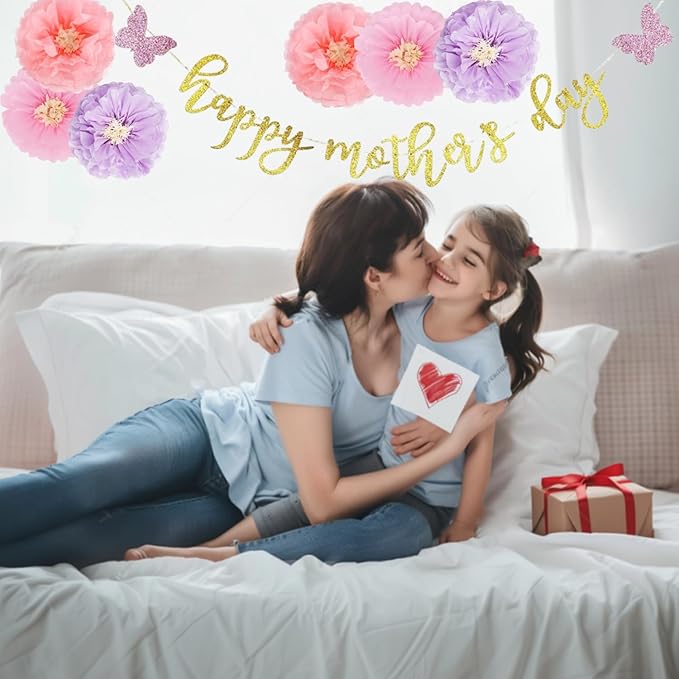 Mother’s Day Party Balloons Kit Decorations 16 inch Foil Balloon Set Happy Mother's Day Best Mom Balloon Set Decoration for Mother's Day (purple flower Banner set)