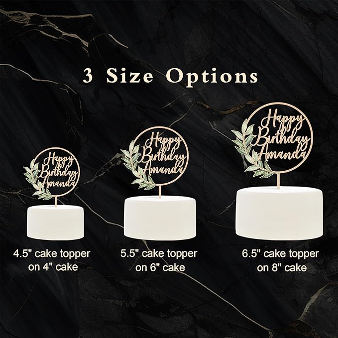 Birthday Cake Topper Custom Name with Green Leaves Wooden Personalized Happy Birthday Cake Decoration Party Topper Design 03