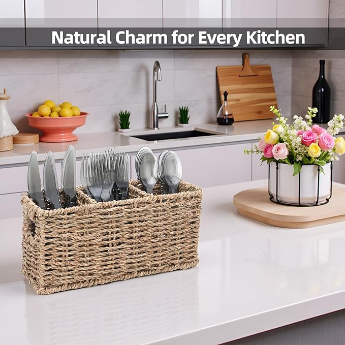 Wicker Party Silverware Caddy, Small Water Hyacinth Plastic Cutlery Utensil Holder, Hand Woven with Handles, Kitchen Countertop and Picnic flatware Organizer