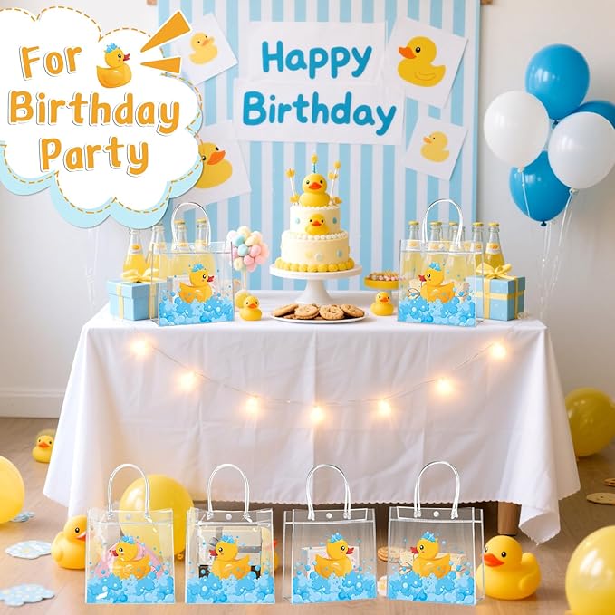 Aliceset 20 Pcs Duck Party Clear Favor Bags with Handles Rubber Duck Baby Shower Goodie Bags for Birthday Party Candy Treat Baby Shower Decoration Supplies, 8x8x3.15 Inch
