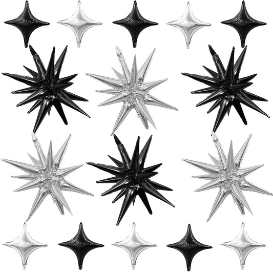 Black Silver Star Balloon,Black Silver 6Pcs 22Inch Explosion Star Balloons and 10Pcs 10Inch Four Angle Balloons Kit for Birthday Anniversary Baby Shower Wedding Party Decorations