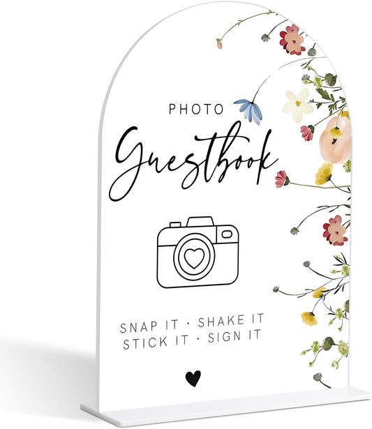 Photo Guest Book Sign, Wedding Guest Book Alternative, Flower Style Bridal Shower Signs for Engagement, Bridal Shower and Reception, Wedding Shower Favors, 6X8 Inch Acrylic Arch Sign with Stand,38
