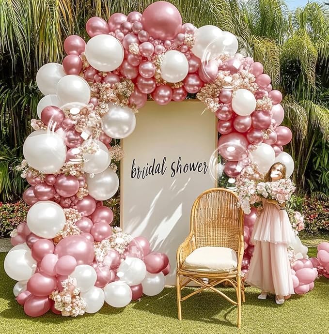 Pearl Pink Balloon Arch Double Stuffed Pearl Dusty Rose Pink Balloon Garland Kit Blush Balloons Different Size With Clear Balloons for Birthday Wedding Valentines Day Bridal Baby Shower Party Decor