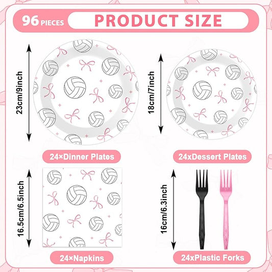 96PCS Volleyball and Bow Party Paper Plates and Napkins for Sports Themed Party Dessert Cake Plates Disposable Decor Pink Bow Volleyball Parties Set for Boys Girls Birthday Gatherings Decorations