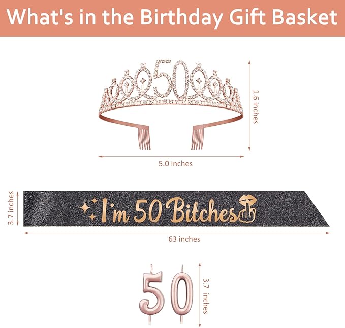 50th Birthday Decoration for Women with I'm 50 Bitches Sash, Rose Gold Tiara, Rose Gold Numbers 50 Candles, Sincere 50th Birthday Gifts for Women