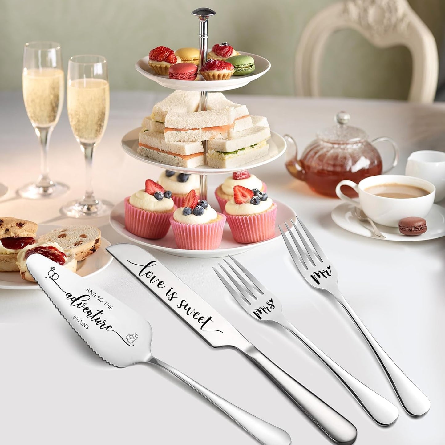 Engraved Wedding Cake Knife and Server Set, Silver Wedding Cake Cutting Set, 4 Pcs Includes Mr and Mrs Forks, Funny Engagements Gifts for Couple