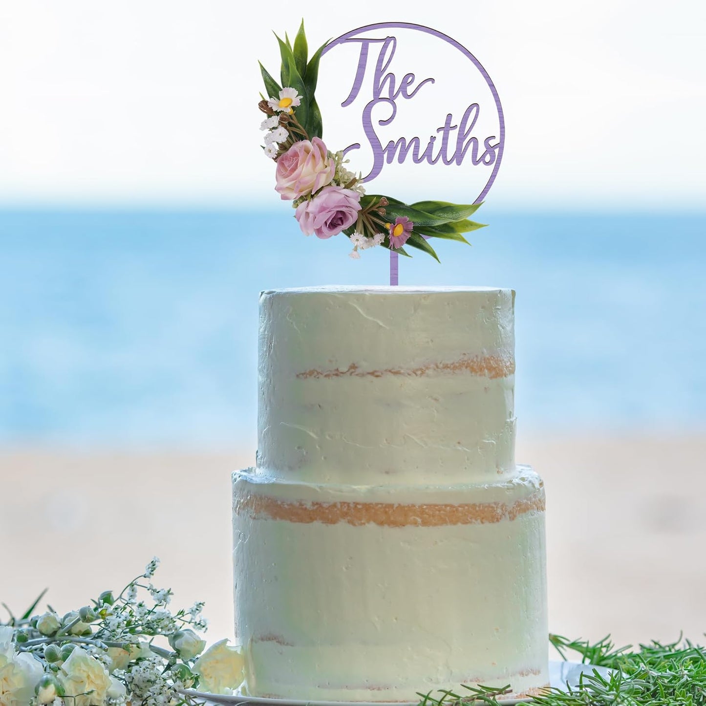 3D Flowers Wedding Cake Topper Custom Last Name Wedding Cake Decoration in Wood with 3D Artificial Roses (Lavender)