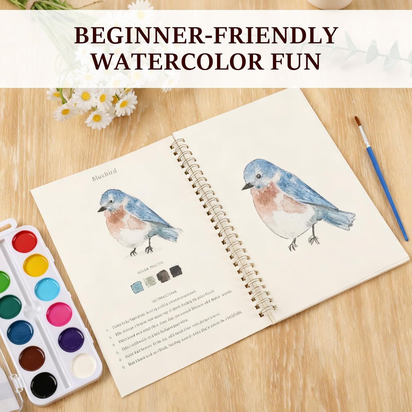 Hugsgarden Watercolor Workbook,Beginner Friendly Watercolor Workbooks, Water Coloring Book Step-by-Step Painting Practice Book with 12 Color Watercolors Paint Set for Adults