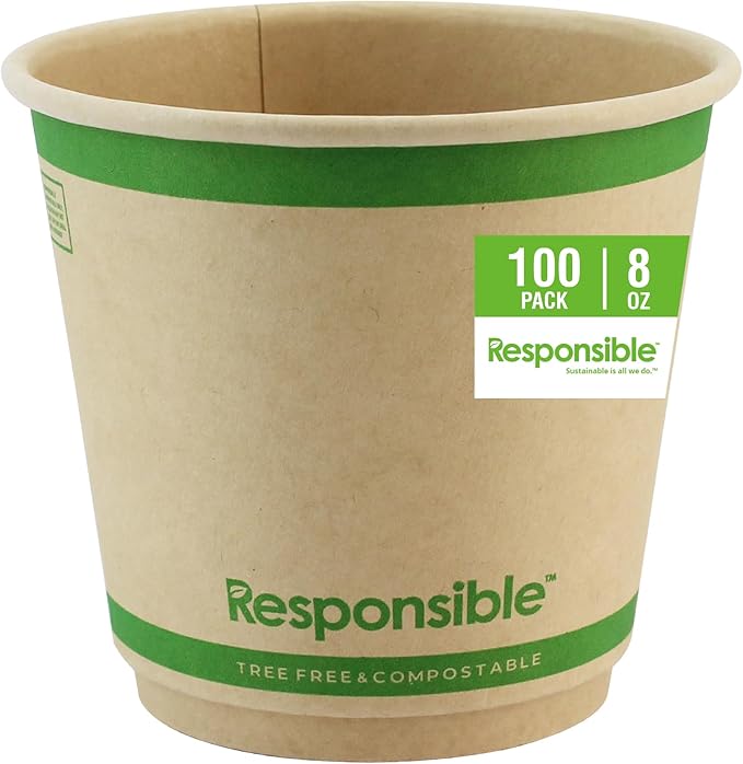 Responsible Products Smooth Insulated Paper Hot Cups (squat), Tree-Less™ Compostable Insulated Coffee Cups, Tree-Free, Made Without PFAS (Natural Brown, 8 oz (100 Count))