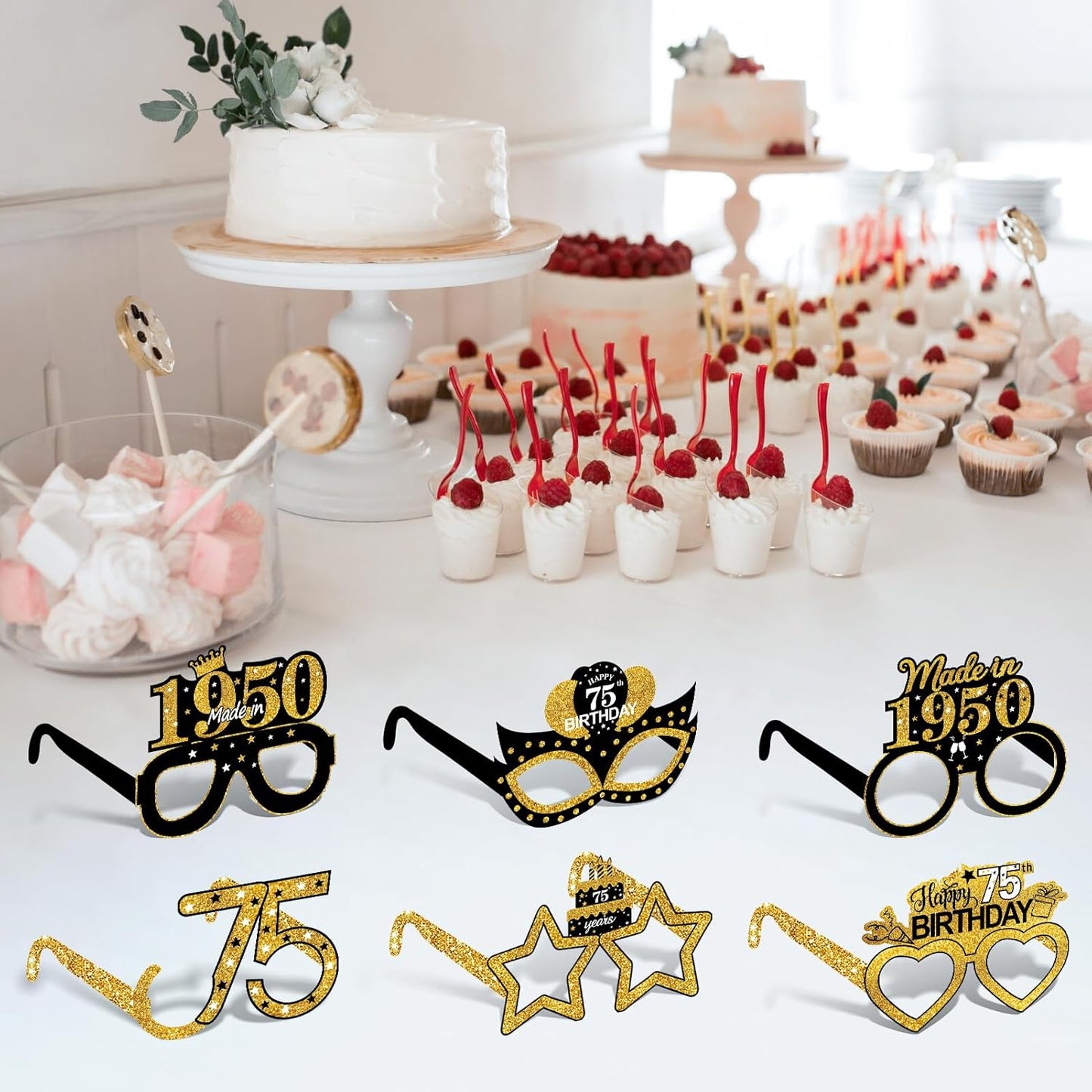 24Pcs 1950 75th Birthday Paper Glasses Decorations for Men Women - Black Gold Happy 75th Birthday Paper Eyeglasses Photo Props, Vintage 1950 Seventy-Five Years Old Birthday Party Supplies