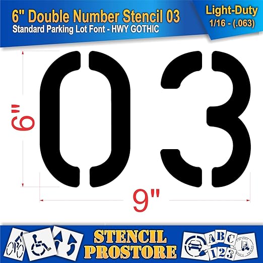 Pavement, Curb, and WheelStop Stencils - 6 inch Double Number Stencil - (03) - 6" x 9" x 1/16" (63 mil) - Light-Duty
